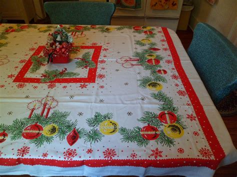 Vintage Marlene Linens Christmas Tablecloth Red Yellow Shiny Brites ...