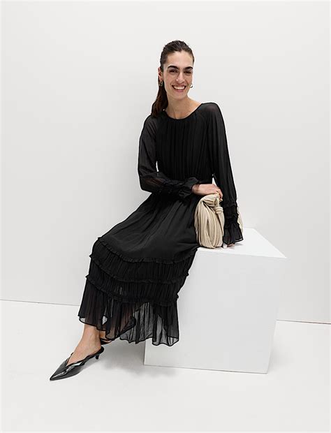 Buy Sheer Frill Detail Midi Waisted Dress at Marks & Spencer