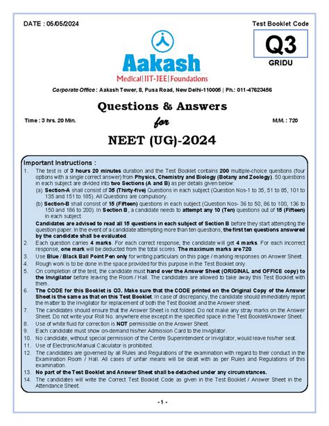 Qs&Ans NEET-2024 (Booklet Code-Q3) - Corporate Office : Aakash Tower, 8 ...