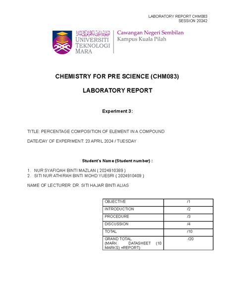 Chem lab 3 - chem - LABORATORY REPORT CHM SESSION 20242 CHEMISTRY FOR ...