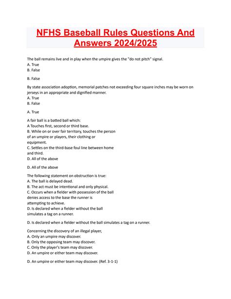 SOLUTION: Nfhs baseball rules questions and answers 2024 - Studypool