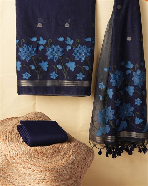 Dewy Bloom Navy Blue Muga Cotton Jamdani Unstitched Suit Set – Gajarai