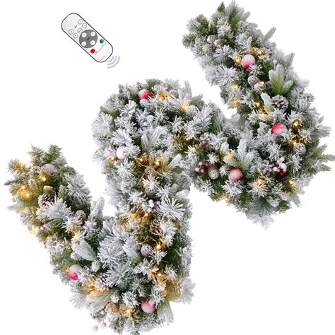 9FT Flocked Prelit Garland with Dual Color LED Lights and Timer by ...