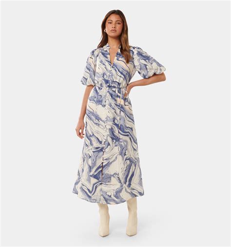 Buy Blue Sahara Marble Loren Puff Sleeve Midi Dress Online
