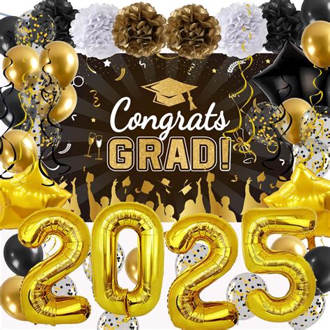 Graduation Decorations Class of 2025, Black Gold Graduation Decor Set ...