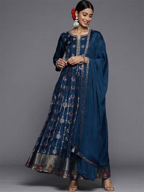 Buy Blue Self Design Silk Anarkali Kurta With Churidar & Dupatta Online ...