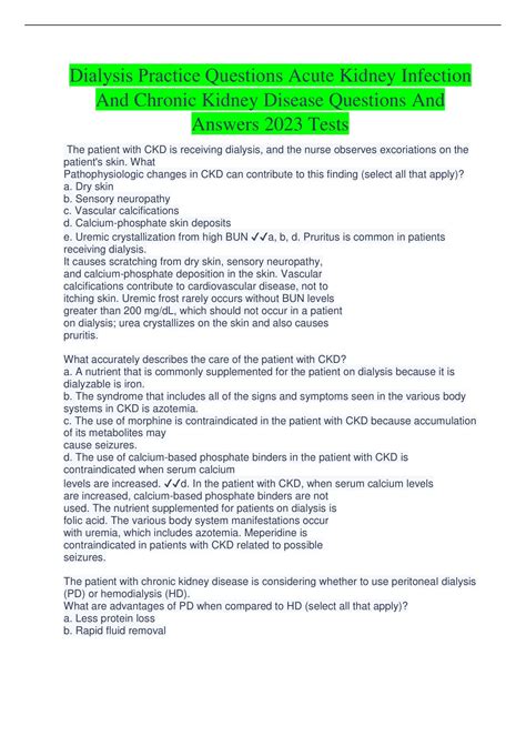 Dialysis Practice Questions Acute Kidney Infection And Chronic Kidney Disease Questions And ...