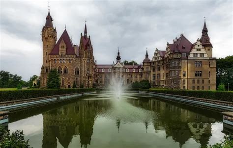Wallpaper lake, castle, fountain, Poland, Moszna Castle for mobile and ...