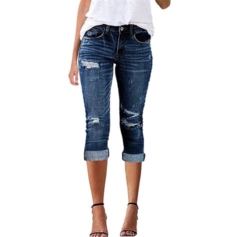 Women's Capri Jeans Casual and Fashionable Perforated Elastic Denim ...