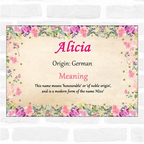 Alicia Name Meaning Floral Certificate - The Card Zoo