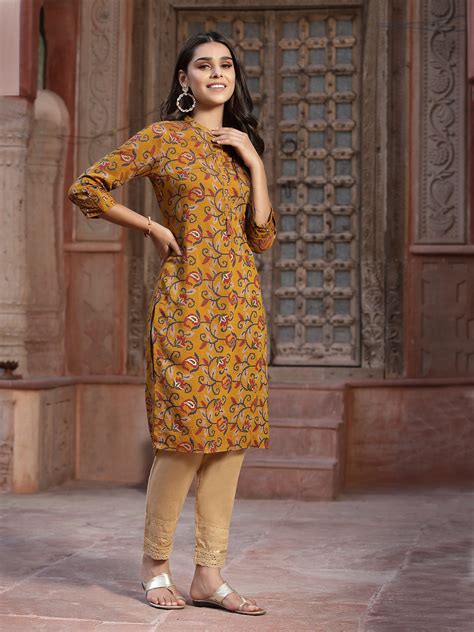 Mustard Floral Printed Muslin Kurta with Tassels Juniper Fashion