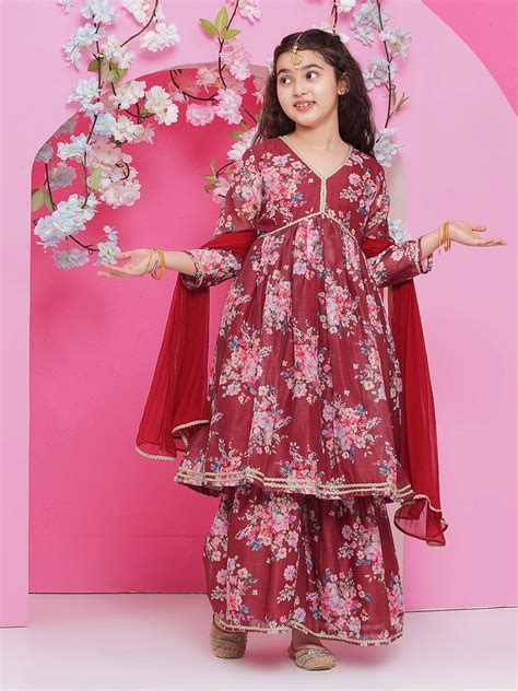 Bitiya by Bhama Girls Maroon Floral Printed Alia Design Kurta with Sha