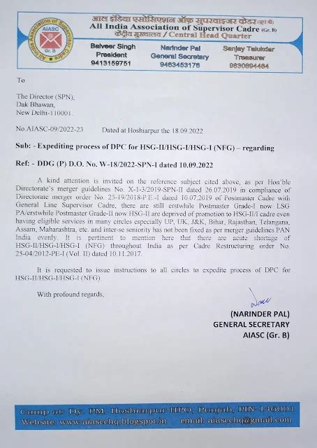 Letter to Hon'ble Directorate for expediting process of DPC for HSG-II ...