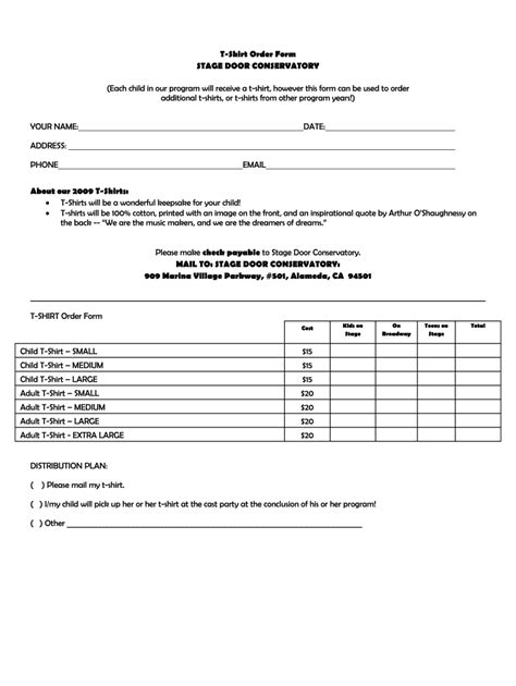 Stage Door Conservatory T-Shirt Order Form - Blank Fillable Template ...