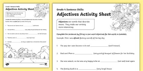 Grade 4 Sentence Skills: Adjectives Activity Sheet