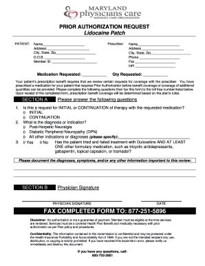 Fillable Online Lidocaine patch () Prior Authorization Request ... Fax ...