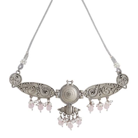 Teejh Cera Silver Oxidised Pastel Pink Necklace Set