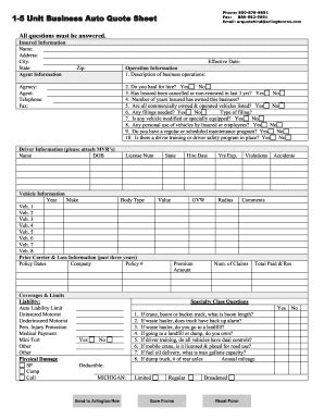 Fillable Online 1-5 Unit Business Auto Quote Sheet - Arlington/Roe Fax ...
