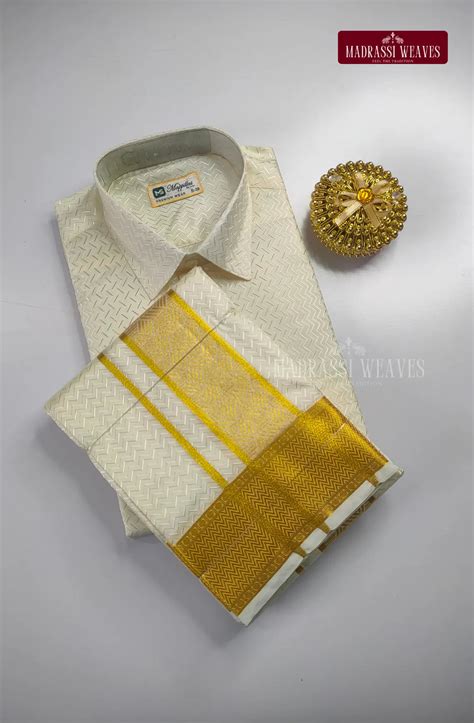 Luxury Embossed Dhoti Set Woven With Gold Zari - White – Madrassi Weaves