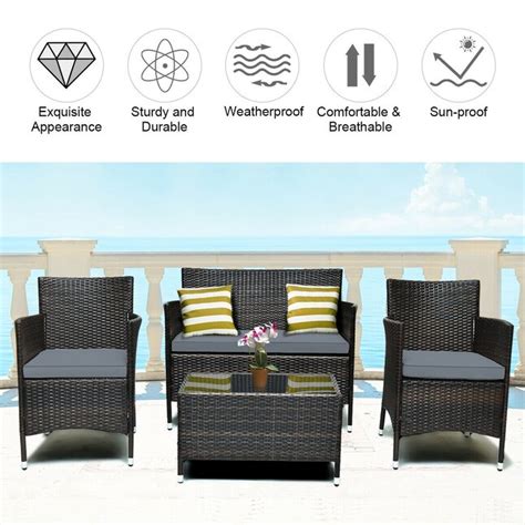 Clihome 4-Piece Rattan Patio Conversation Set with Gray Cushions CWCH ...