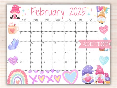 Editable February 2025 Calendar, Printable Colorful Valentines Calendar ...