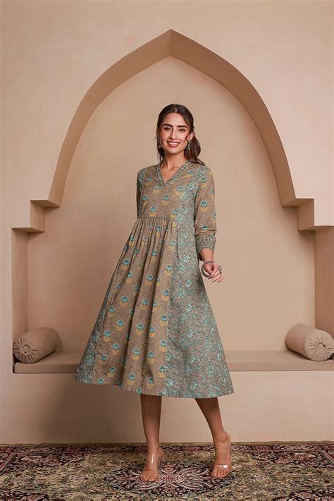 Grey Floral Print Midi Pure Cotton Ethnic Dress with Gotta Work Detail ...
