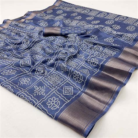 Dusky Blue Bandhani Printed Dola Silk Saree With Woven Border