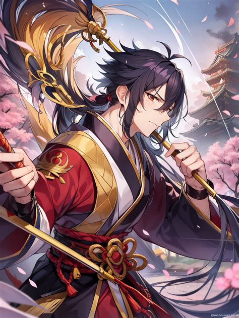 A man in a red and gold outfit holding a sword - SeaArt AI