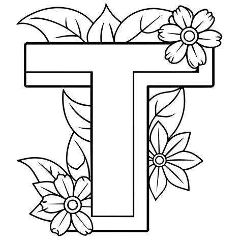 Alphabet T coloring page with the flower, T letter digital outline ...