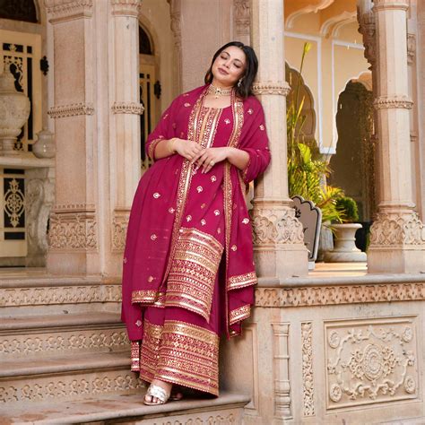 Buy Deep Rose Sparkle Sequin Embroidered Suit Set | Meera Plus Size