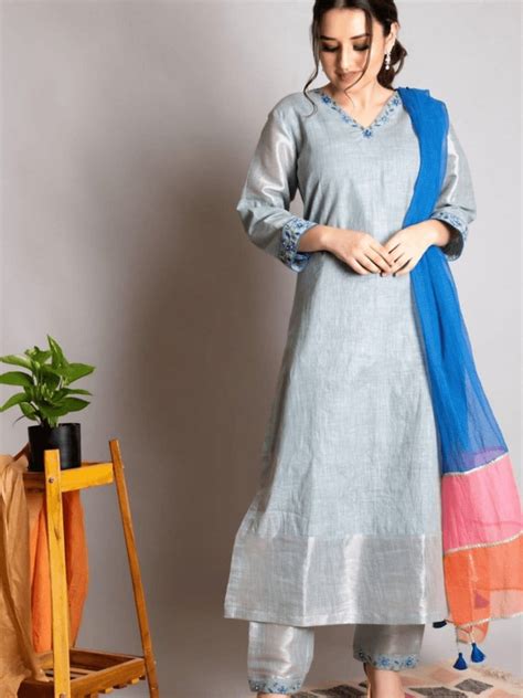 Linen Embroidered Kurta set - Grey – Charkha Tales