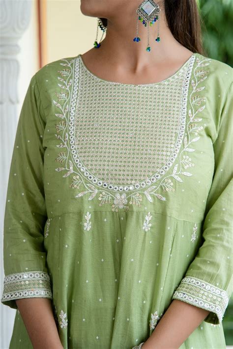 Buy Mulmul Cotton Zari Embroidery Sequinced Kurta Trouser With Dupatta ...