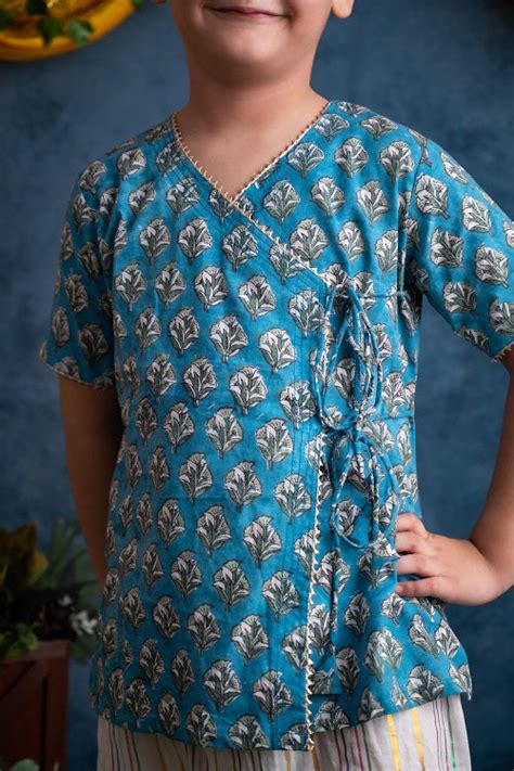 Blue and white two piece Cotton Block Print Angrakha Kurta and Harem P ...