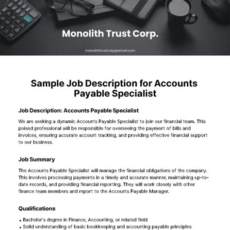 Free Sample Job Description for Accounts Payable Specialist Template to Edit Online