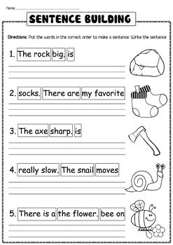 Building Sentence, Sentence building practice worksheets for Kindergarten