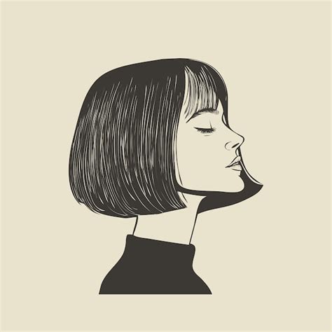 Line art illustration of a womans sleek bob haircut clean black lines ...