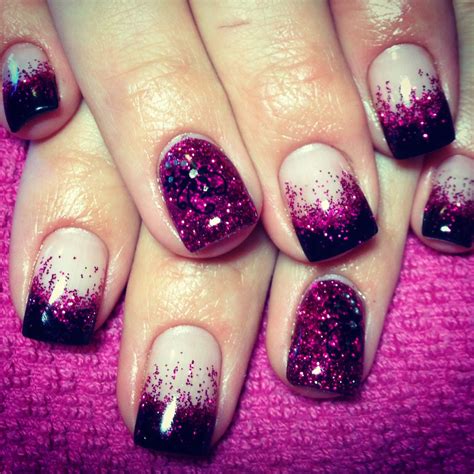 Black tip, pink glitter fade, gel nails with glitter feature nail and ...