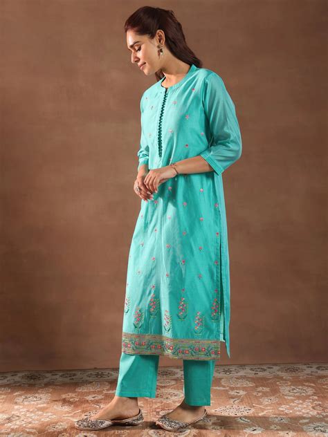 Buy Turquoise Blue Embroidered Chanderi Silk Straight Suit With Dupatta ...