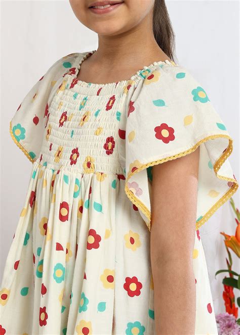 Buy Princess Girls Floral Ecru Printed Smocked Dress Online - The Tribe ...