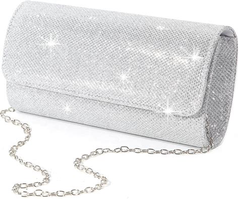 Women Clutch Purse Evening Bag Silver Glitter Chain Bag Elegant ...