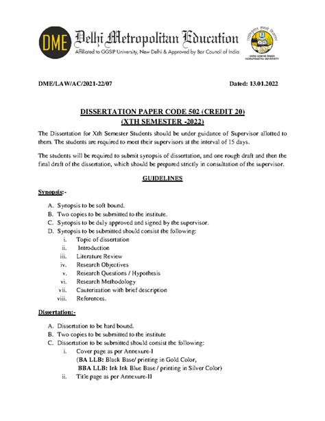 Dissertation Guidelines for DME/LAW/AC/502 - Xth Semester 2022 - Studocu