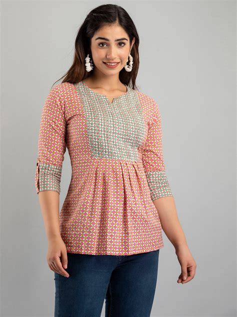 WOMEN PINK COTTON PRINTED A-LINE KURTI – feranoid
