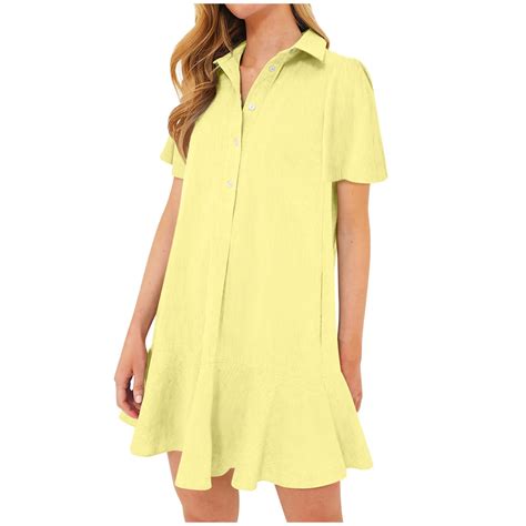 Sakmal Yellow Summer Dresses for Women Cotton Line Petite Mini Shirt ...