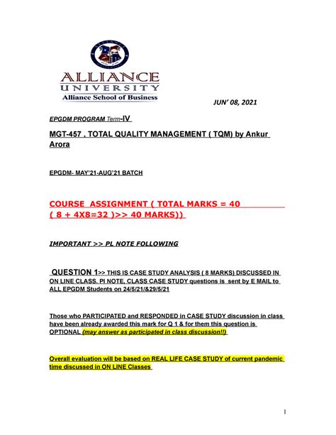 TQM Assingment work - JUN’ 08, 2021 EPGDM PROGRAM Term -IV MGT-457 ...