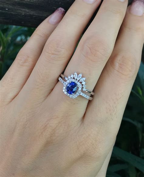 Blue Sapphire Halo Engagement Ring Set- Genuine Oval Sapphire Bridal ...
