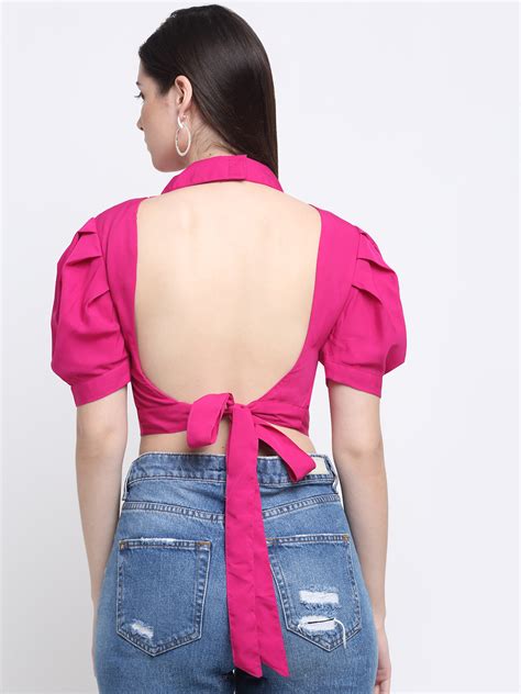 Emeros Women Fuchsia Monochrome Crepe Styled Back Crop Top