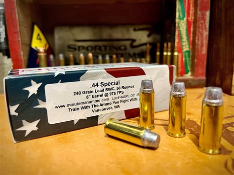 44 Special, 240 grain hard cast lead SWC, 975 FPS – Minuteman