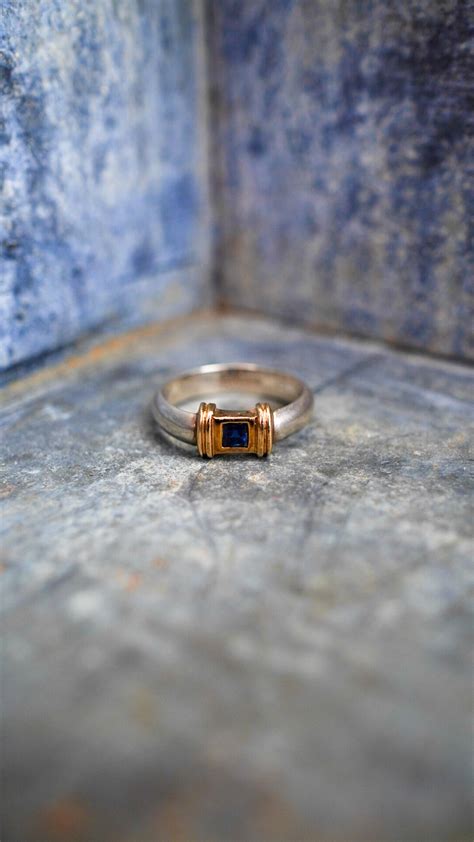 【1990s】TIFFANY&Co. ティファニー サファイア スクエア リング《シルバー925 K14 イエロー ゴールド コンビ ...