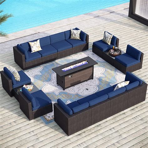 Sophia & William Patio Furniture Set with Fire Pit Table,15 Piece Outdoor Wicker Conversation ...