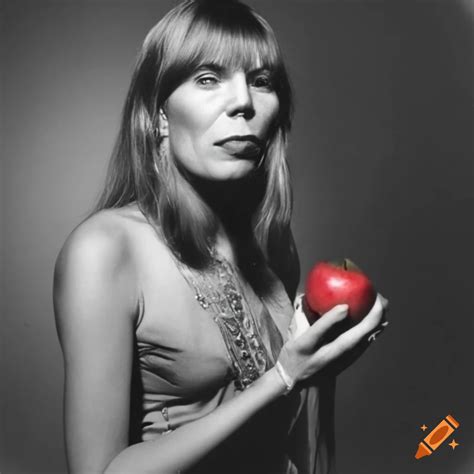 Young joni mitchell holding a red apple